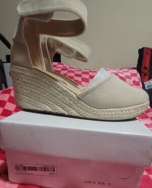 Beige Espadrille Wedge Sandals with Ankle Straps